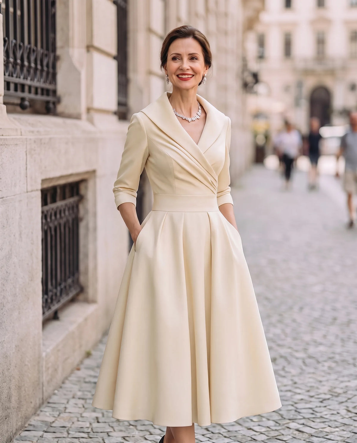 Women’s Elegant Vintage Midi Wedding Guest Dress with V-Neck