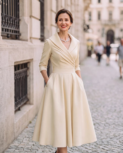 Women’s Elegant Vintage Midi Wedding Guest Dress with V-Neck