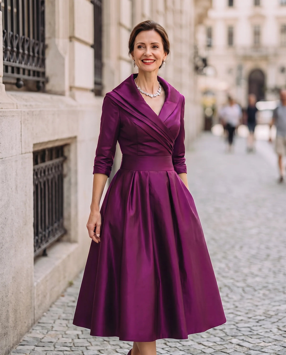 Women’s Elegant Vintage Midi Wedding Guest Dress with V-Neck