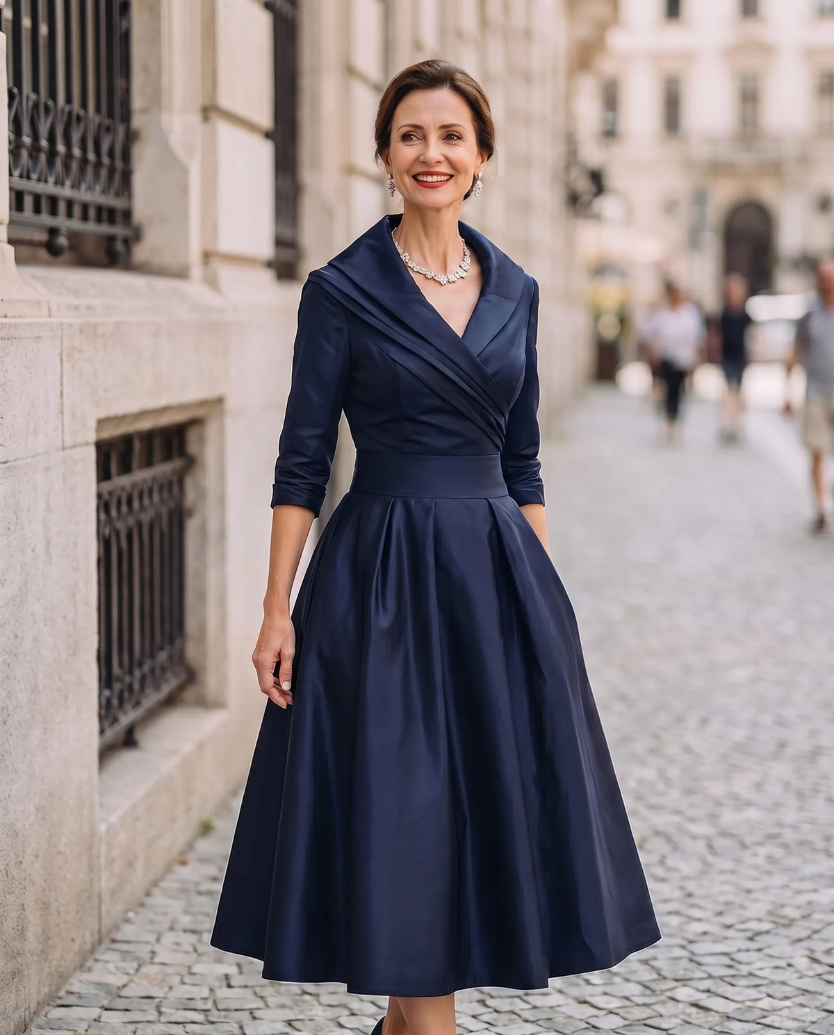 Women’s Elegant Vintage Midi Wedding Guest Dress with V-Neck