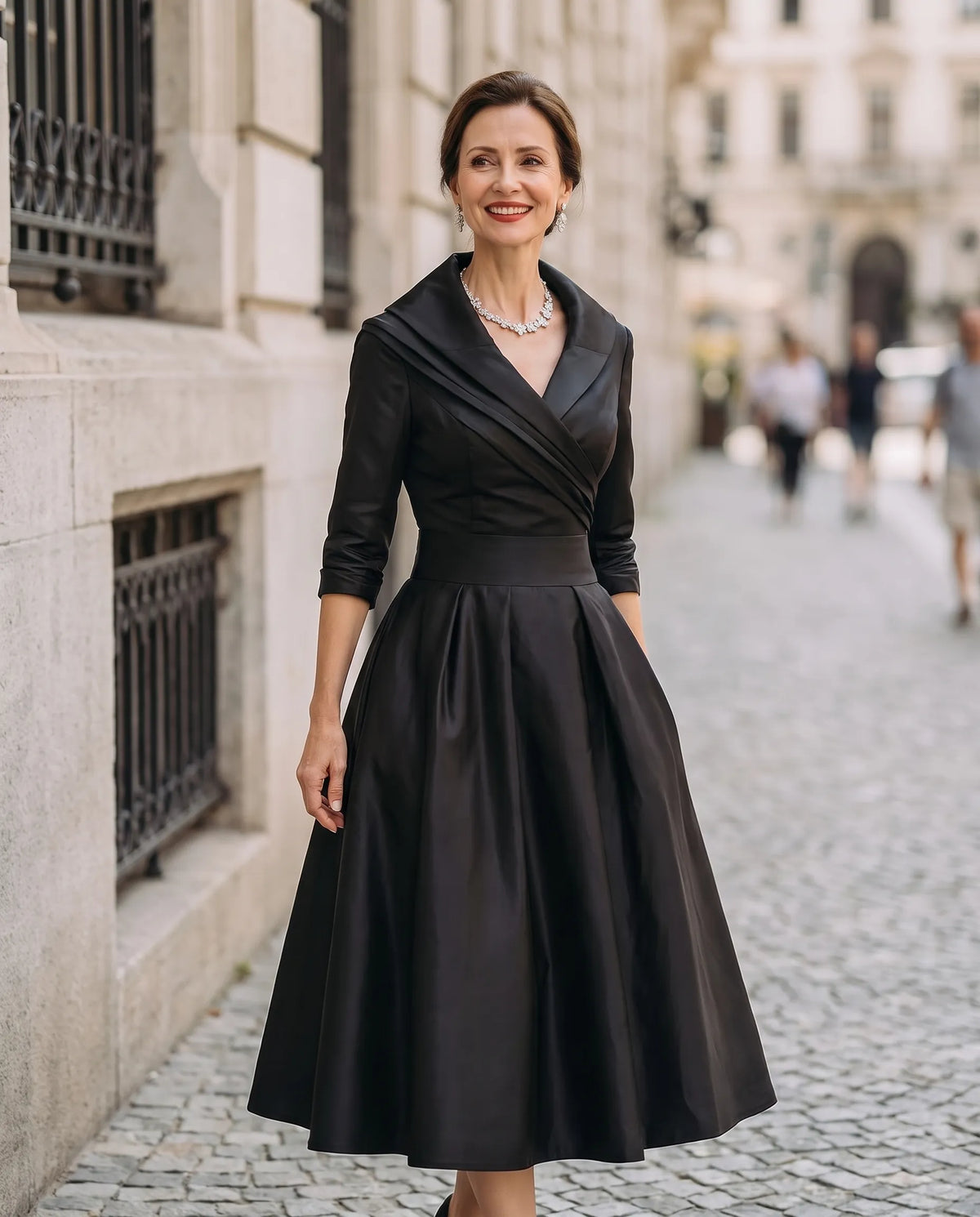 Women’s Elegant Vintage Midi Wedding Guest Dress with V-Neck