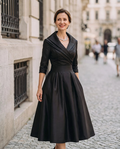 Women’s Elegant Vintage Midi Wedding Guest Dress with V-Neck