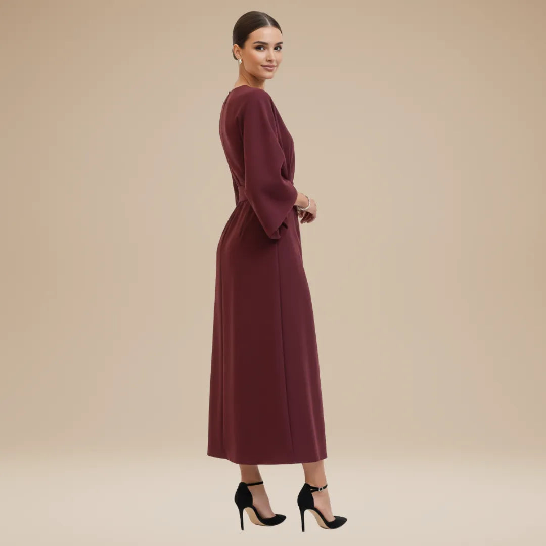 Women's Elegant Wrap Midi Wedding Guest Dress with Bell Sleeve