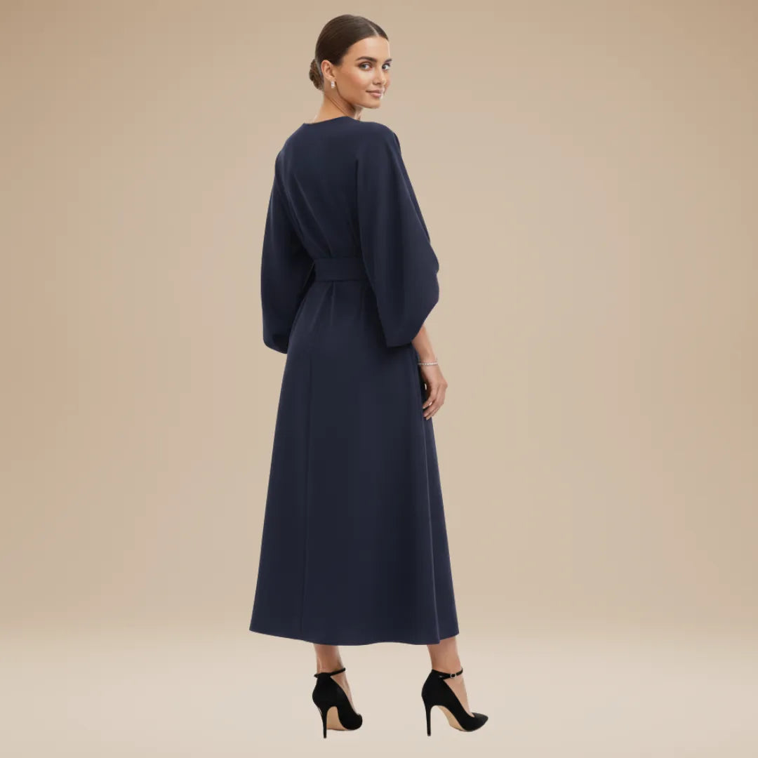 Women's Elegant Wrap Midi Wedding Guest Dress with Bell Sleeve
