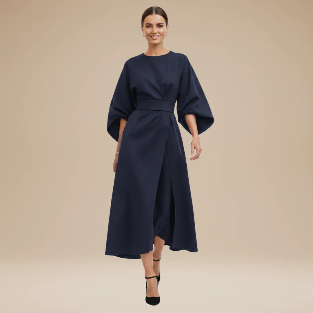 Women's Elegant Wrap Midi Wedding Guest Dress with Bell Sleeve