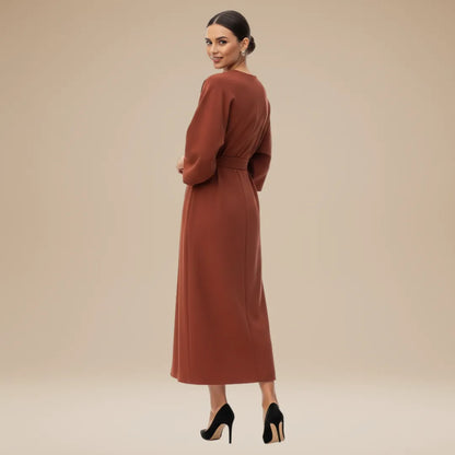 Women's Elegant Wrap Midi Wedding Guest Dress with Bell Sleeve