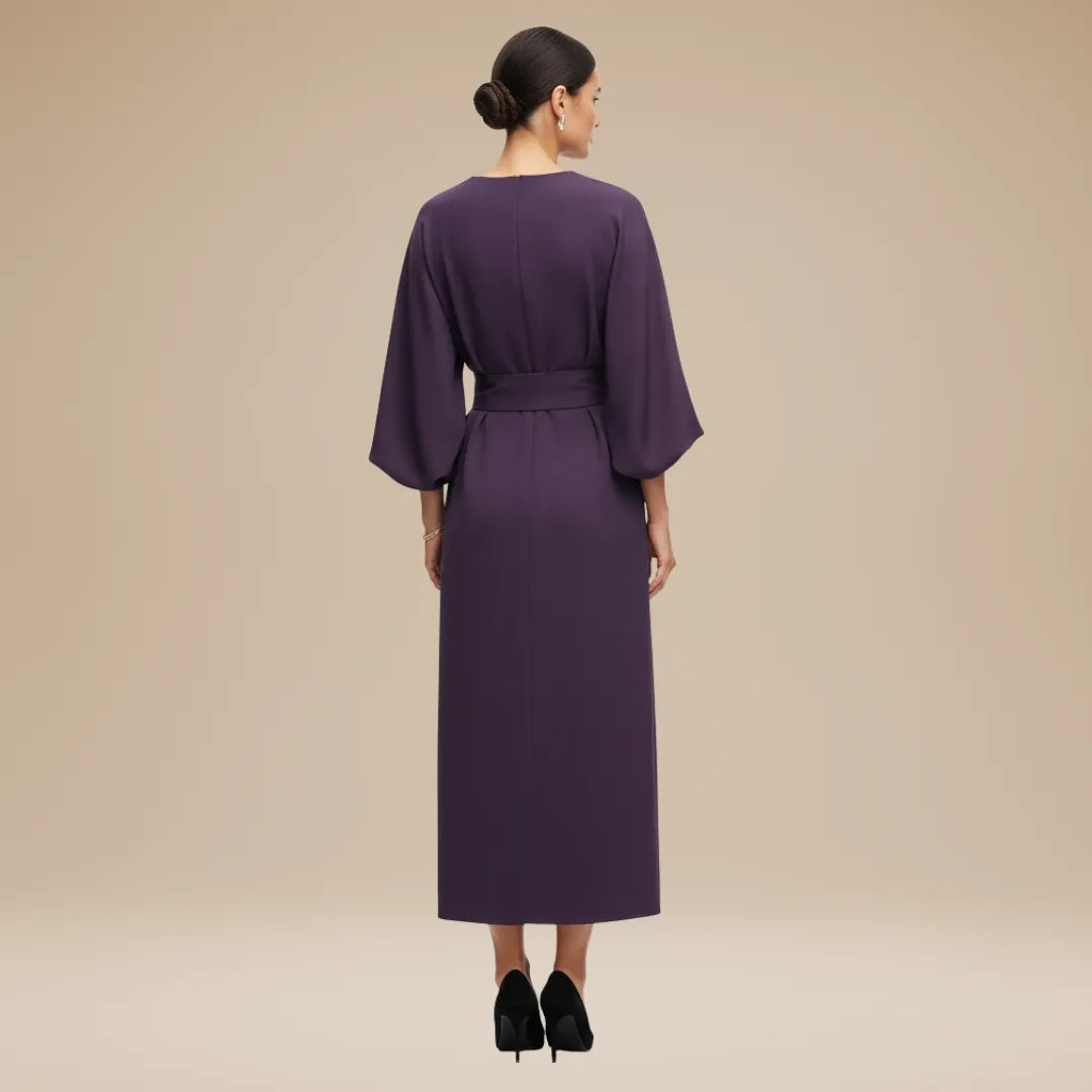 Women's Elegant Wrap Midi Wedding Guest Dress with Bell Sleeve