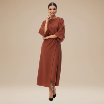 Women's Elegant Wrap Midi Wedding Guest Dress with Bell Sleeve