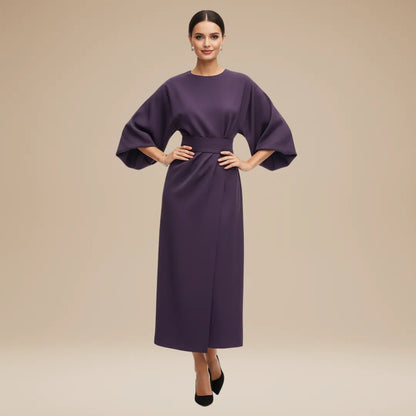 Women's Elegant Wrap Midi Wedding Guest Dress with Bell Sleeve