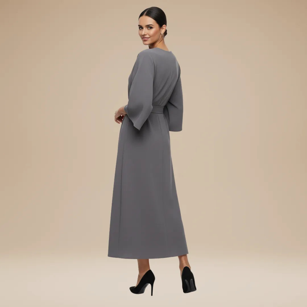 Women's Elegant Wrap Midi Wedding Guest Dress with Bell Sleeve