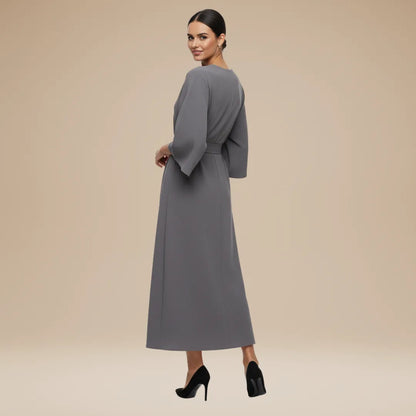 Women's Elegant Wrap Midi Wedding Guest Dress with Bell Sleeve