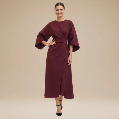 Women's Elegant Wrap Midi Wedding Guest Dress with Bell Sleeve