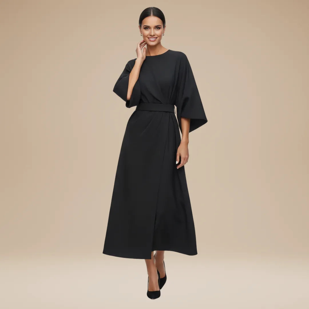 Women's Elegant Wrap Midi Wedding Guest Dress with Bell Sleeve