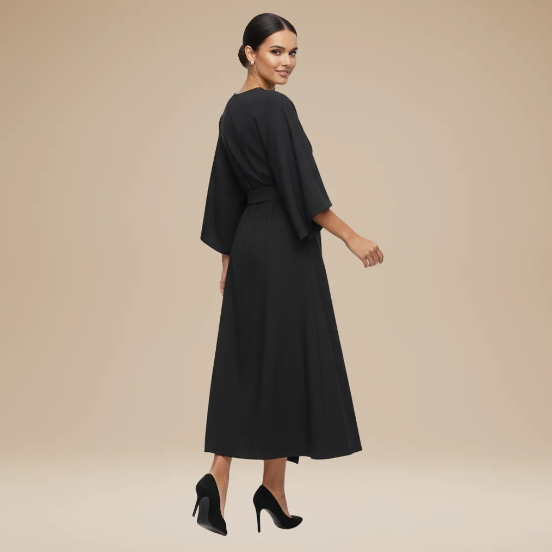 Women's Elegant Wrap Midi Wedding Guest Dress with Bell Sleeve