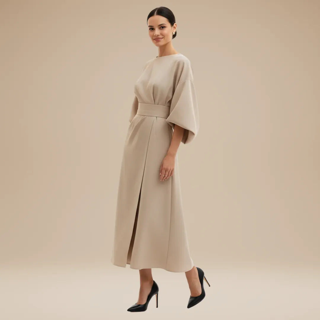 Women's Elegant Wrap Midi Wedding Guest Dress with Bell Sleeve