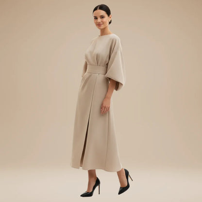 Women's Elegant Wrap Midi Wedding Guest Dress with Bell Sleeve