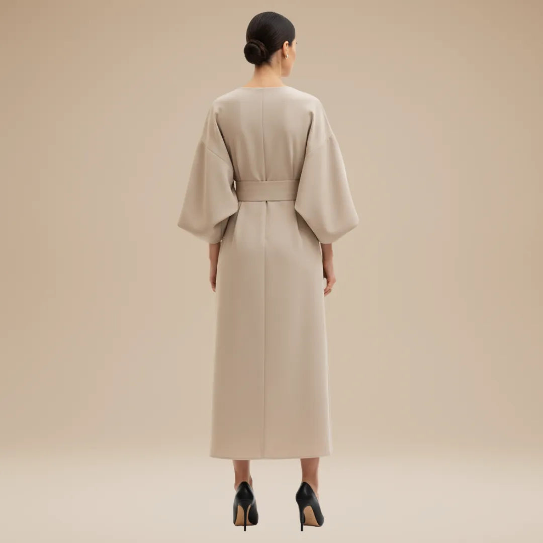Women's Elegant Wrap Midi Wedding Guest Dress with Bell Sleeve