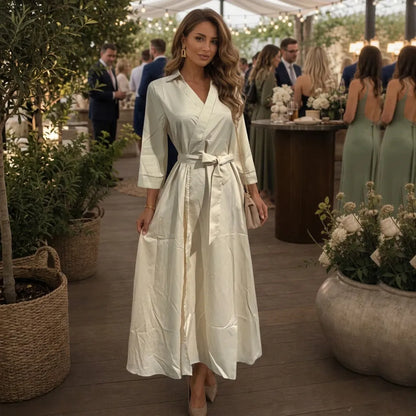 Women’s Elegant Wrap Midi Wedding Guest Dress with Belt