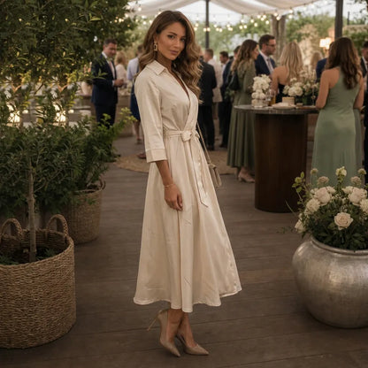Women’s Elegant Wrap Midi Wedding Guest Dress with Belt