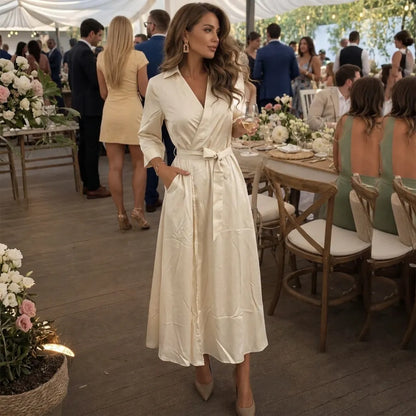 Women’s Elegant Wrap Midi Wedding Guest Dress with Belt
