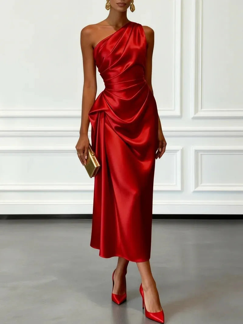 Women's Elegant Wrap Midi Wedding Guest Dress with One Shoulder