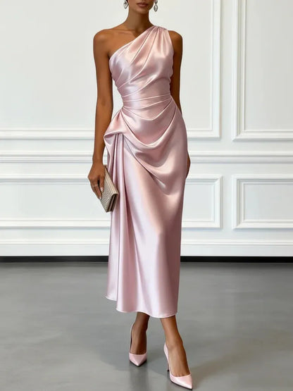 Women's Elegant Wrap Midi Wedding Guest Dress with One Shoulder