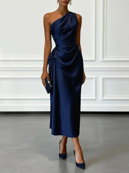 Women's Elegant Wrap Midi Wedding Guest Dress with One Shoulder