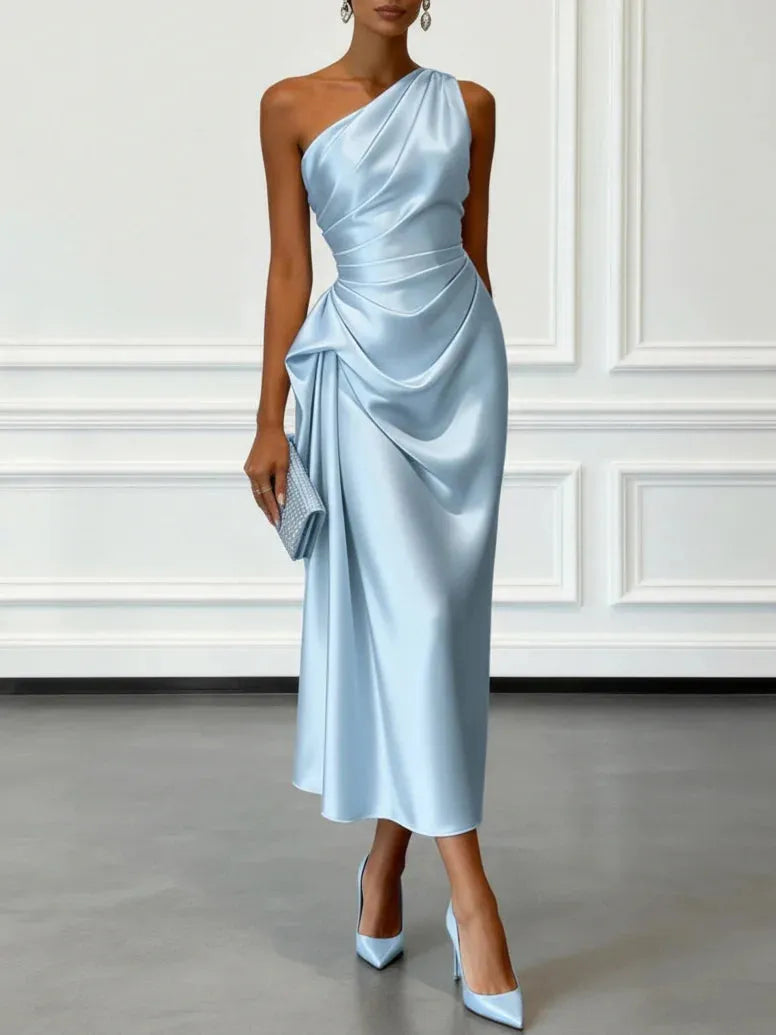 Women's Elegant Wrap Midi Wedding Guest Dress with One Shoulder