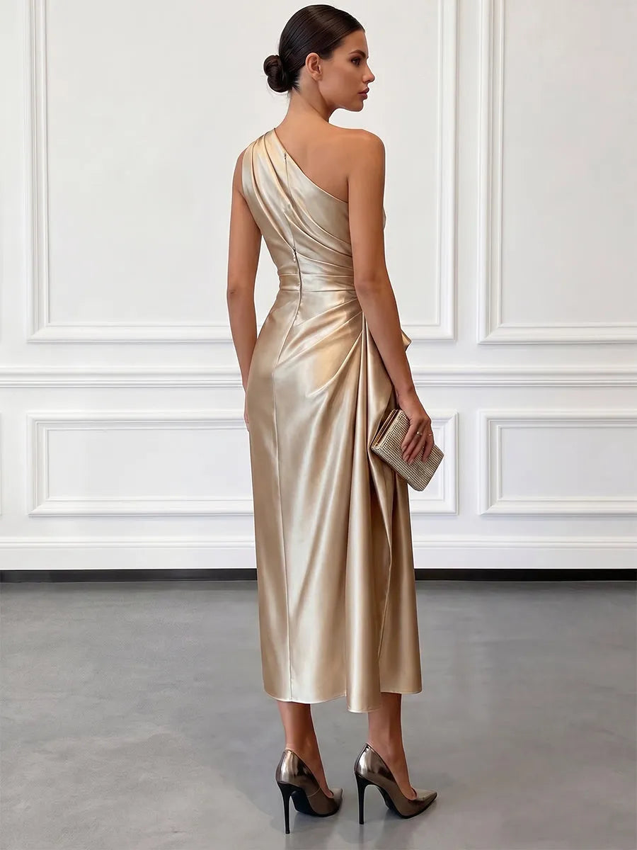 Women's Elegant Wrap Midi Wedding Guest Dress with One Shoulder