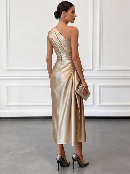Women's Elegant Wrap Midi Wedding Guest Dress with One Shoulder