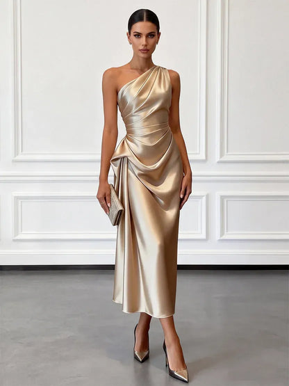 Women's Elegant Wrap Midi Wedding Guest Dress with One Shoulder