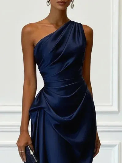 Women's Elegant Wrap Midi Wedding Guest Dress with One Shoulder