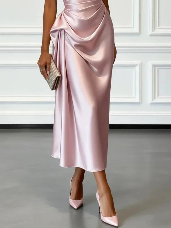 Women's Elegant Wrap Midi Wedding Guest Dress with One Shoulder