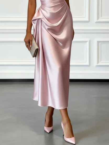 Women's Elegant Wrap Midi Wedding Guest Dress with One Shoulder