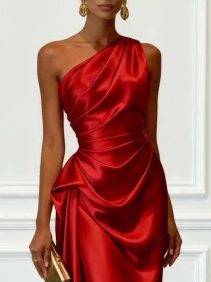 Women's Elegant Wrap Midi Wedding Guest Dress with One Shoulder