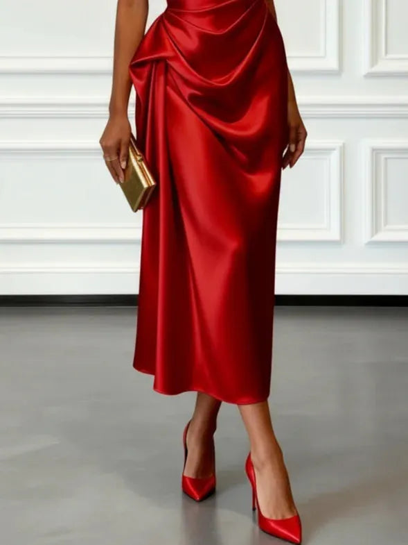 Women's Elegant Wrap Midi Wedding Guest Dress with One Shoulder