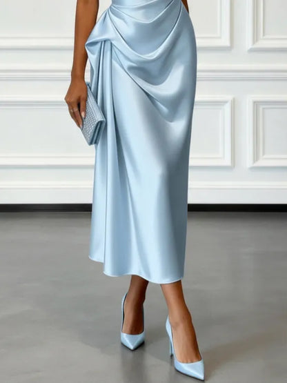 Women's Elegant Wrap Midi Wedding Guest Dress with One Shoulder