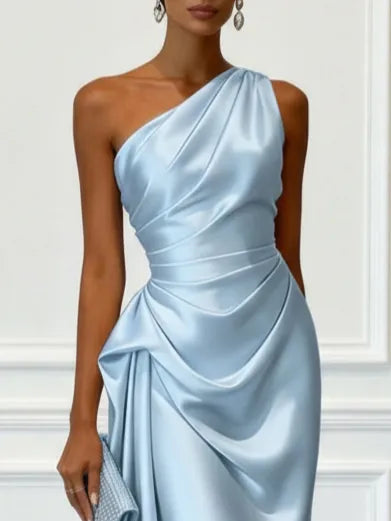 Women's Elegant Wrap Midi Wedding Guest Dress with One Shoulder