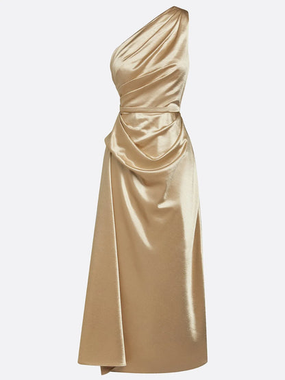 Women's Elegant Wrap Midi Wedding Guest Dress with One Shoulder