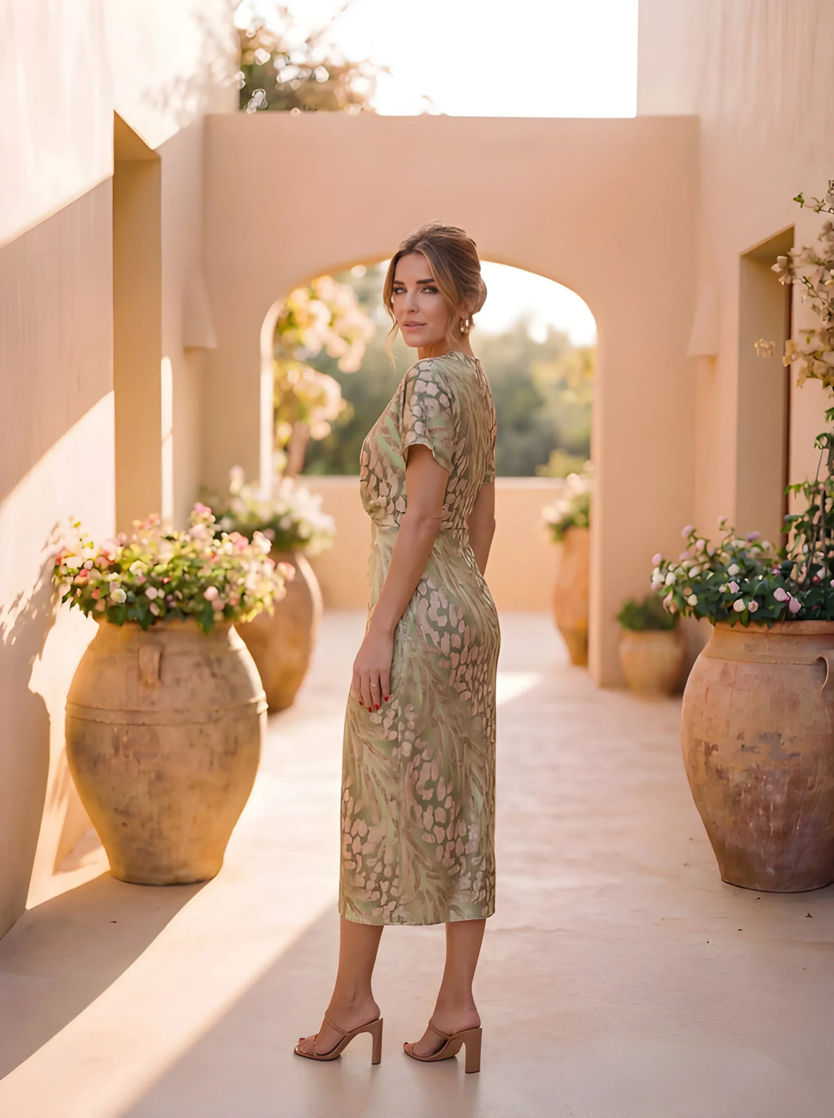 Women’s Elegant Wrap Midi Wedding Guest Dress with V-Neck