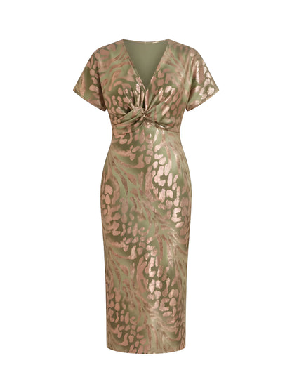 Women’s Elegant Wrap Midi Wedding Guest Dress with V-Neck