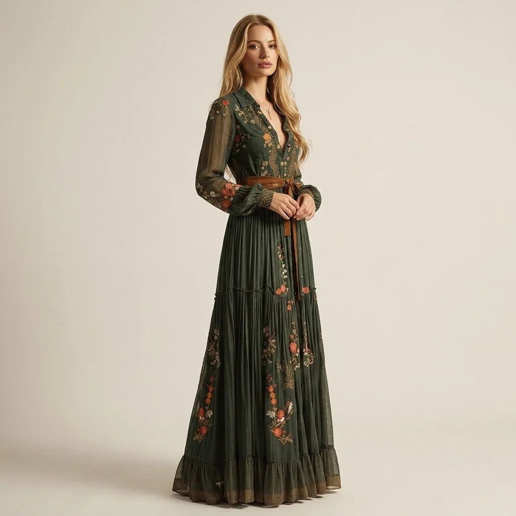 Women's Embroidered Long Sleeve Maxi Wedding Guest Dress with V-Neck