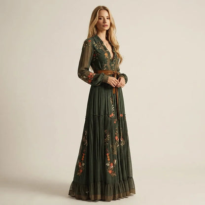 Women's Embroidered Long Sleeve Maxi Wedding Guest Dress with V-Neck