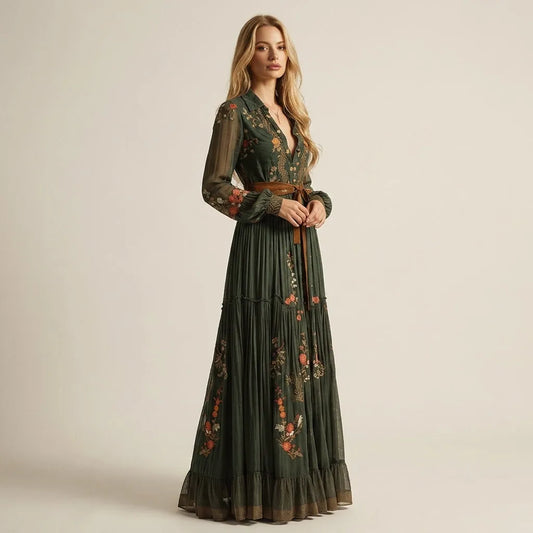 Women's Embroidered Long Sleeve Maxi Wedding Guest Dress with V-Neck