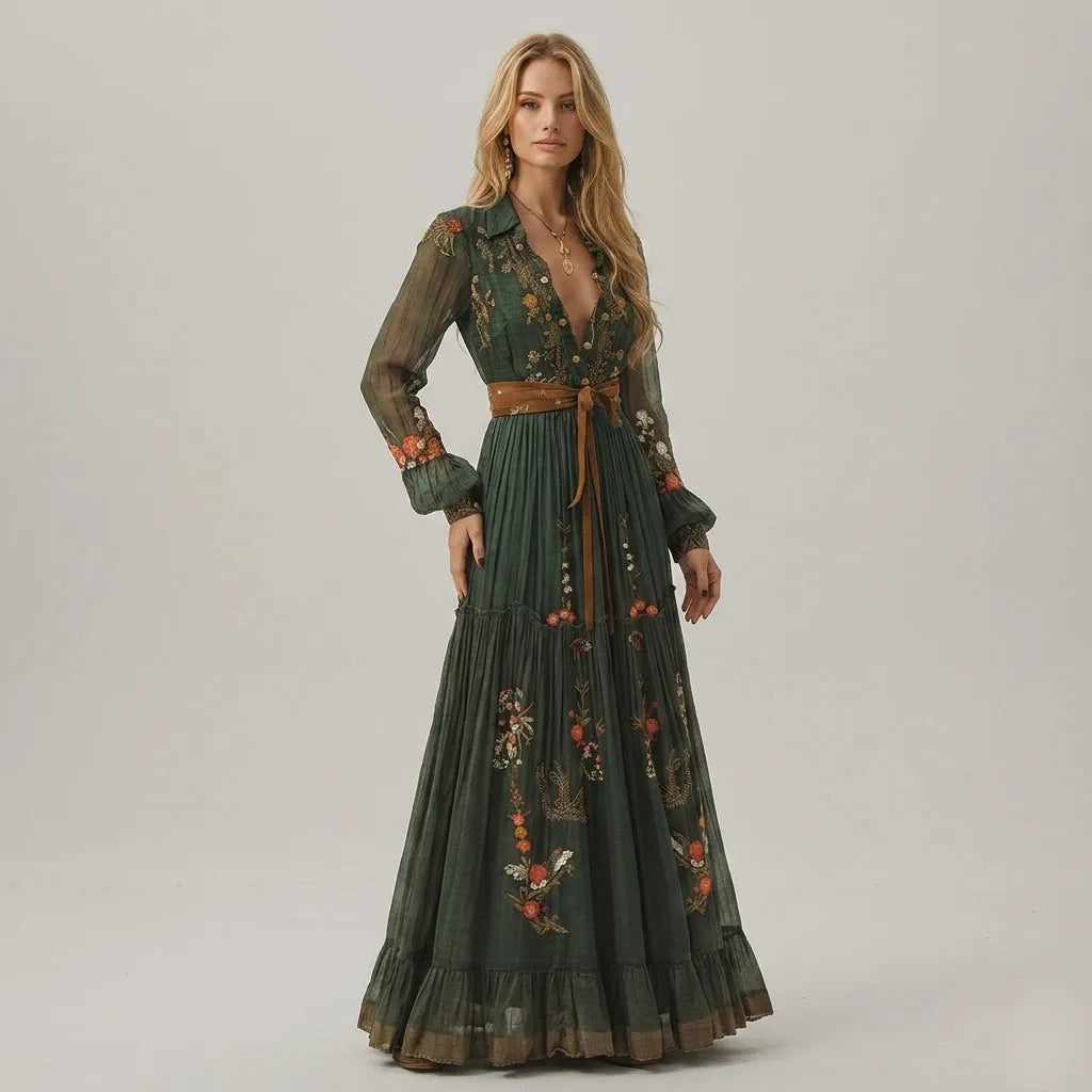 Women's Embroidered Long Sleeve Maxi Wedding Guest Dress with V-Neck