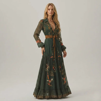 Women's Embroidered Long Sleeve Maxi Wedding Guest Dress with V-Neck