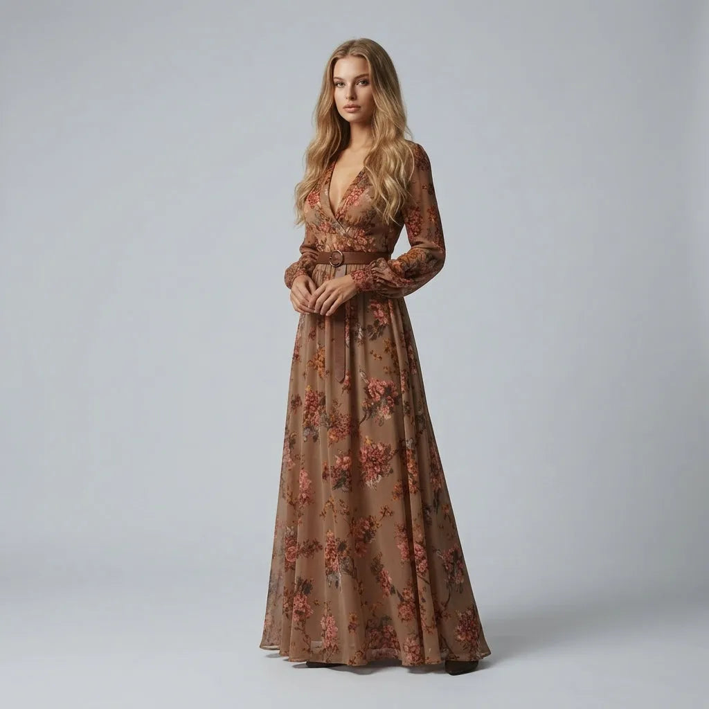 Women's Embroidered Long Sleeve Maxi Wedding Guest Dress with V-Neck