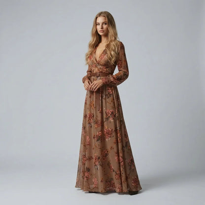 Women's Embroidered Long Sleeve Maxi Wedding Guest Dress with V-Neck