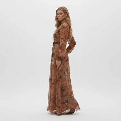 Women's Embroidered Long Sleeve Maxi Wedding Guest Dress with V-Neck