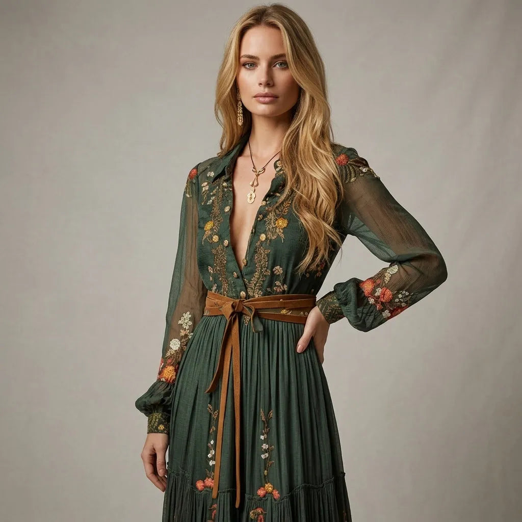 Women's Embroidered Long Sleeve Maxi Wedding Guest Dress with V-Neck